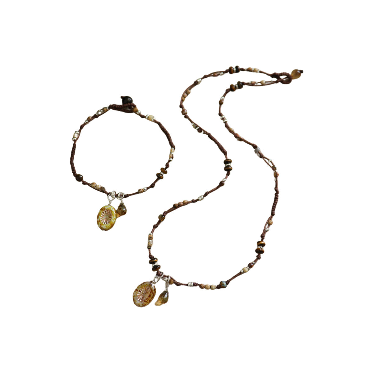 Czech Bead Agate Braided Necklace + Bracelet