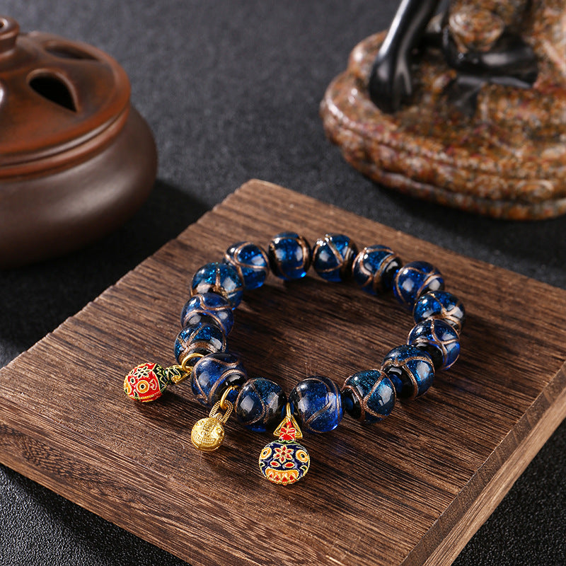 Ancient Incense Ash Glass Gold-Swallowing Beast Bracelet-BLue