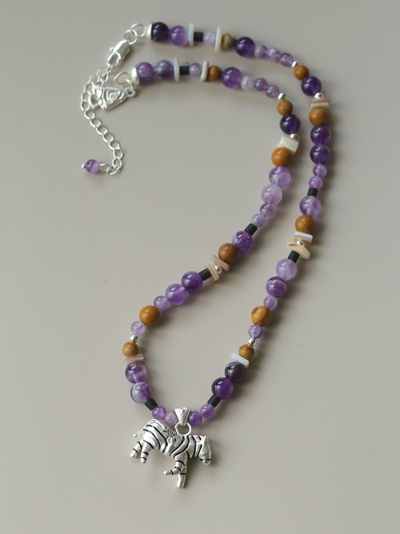 Zebra Pattern Amethyst & Wood Beaded Necklace – Lucky Year of the Horse Choker