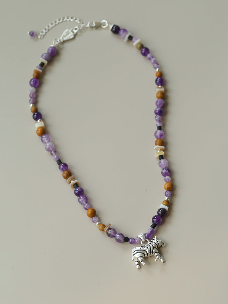 Zebra Pattern Amethyst & Wood Beaded Necklace – Lucky Year of the Horse Choker