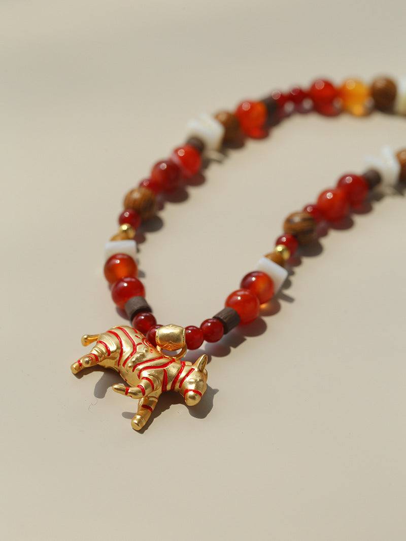 Zebra Pattern Red Agate & Wood Beaded Necklace – Lucky Year of the Horse Choker