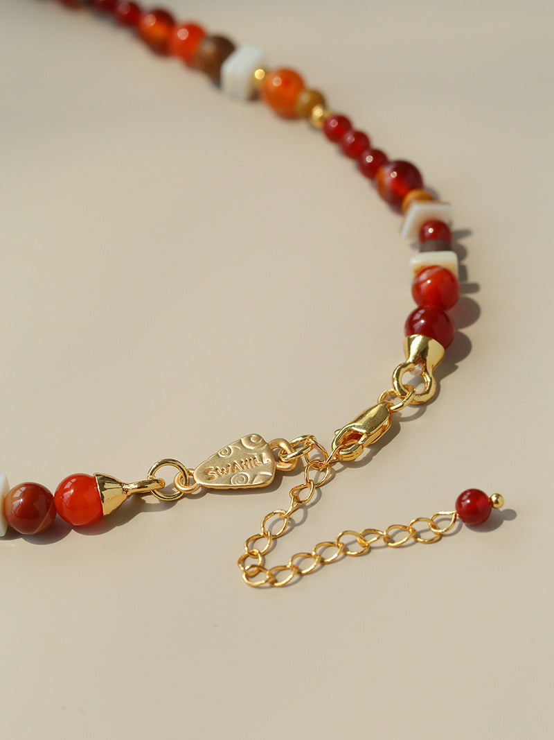 Zebra Pattern Red Agate & Wood Beaded Necklace – Lucky Year of the Horse Choker