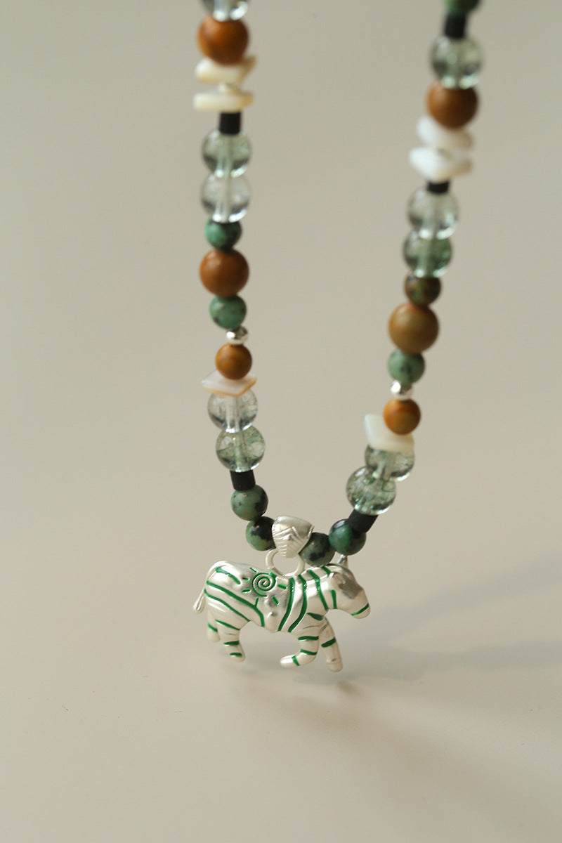 Zebra Pattern Green Phantom Crystal & Wood Beaded Necklace – Lucky Year of the Horse Choker