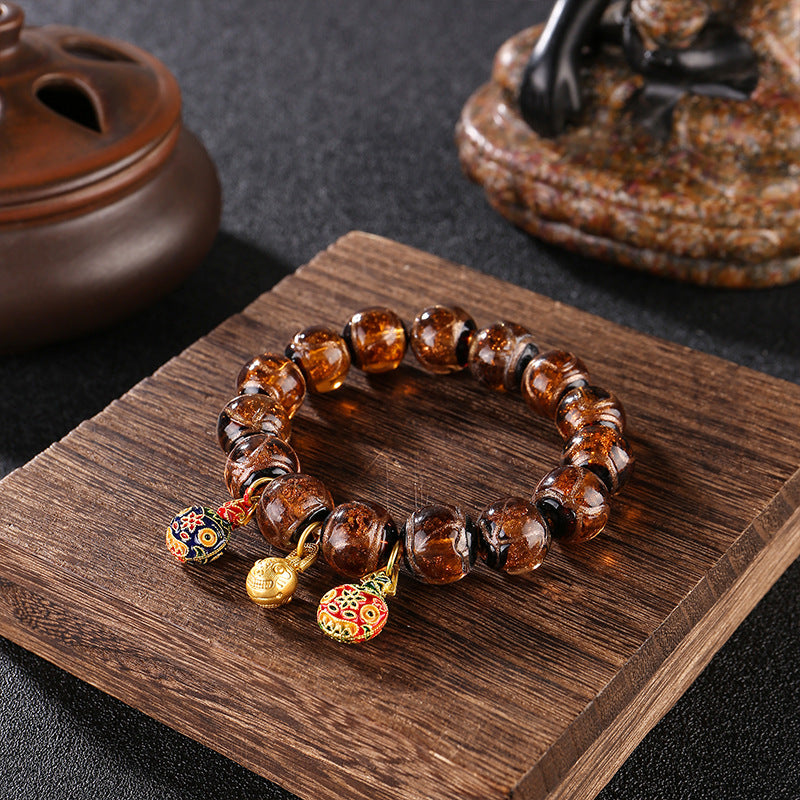 Ancient Incense Ash Glass Gold-Swallowing Beast Bracelet-Brown
