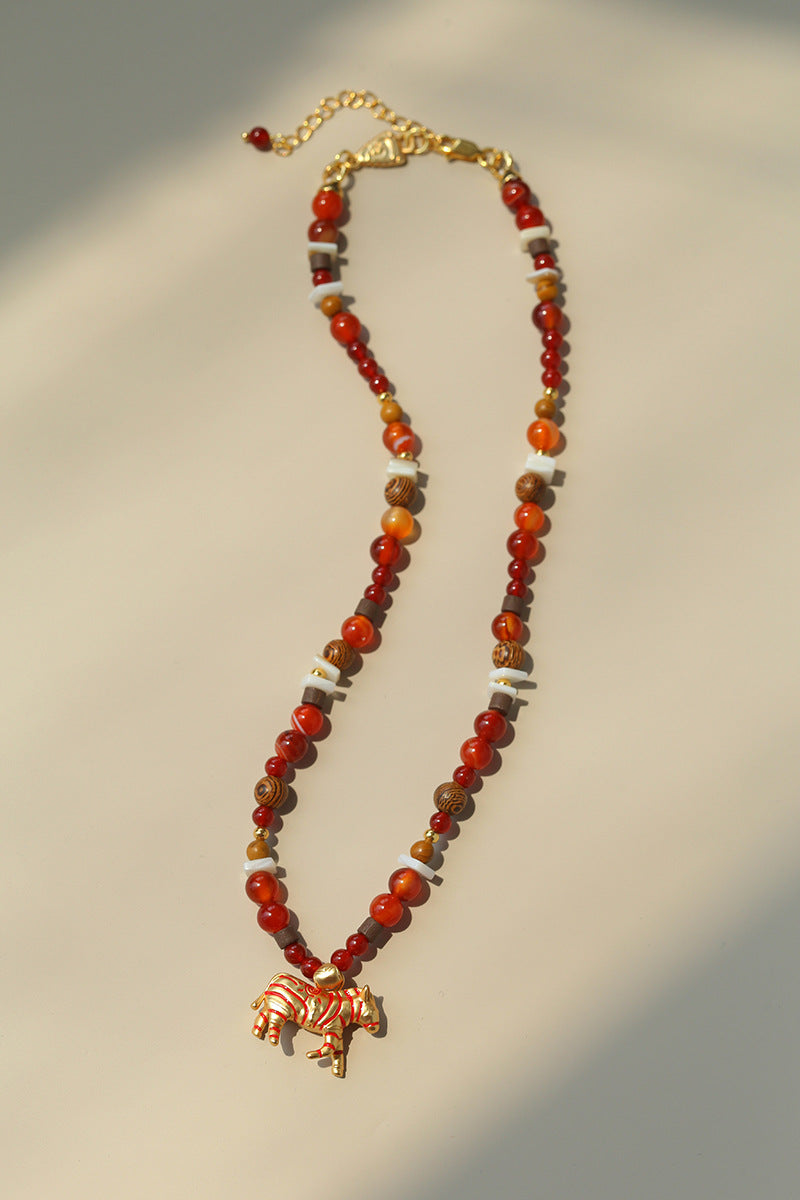 Zebra Pattern Red Agate & Wood Beaded Necklace – Lucky Year of the Horse Choker