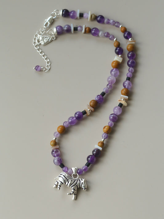 Zebra Pattern Amethyst & Wood Beaded Necklace – Lucky Year of the Horse Choker