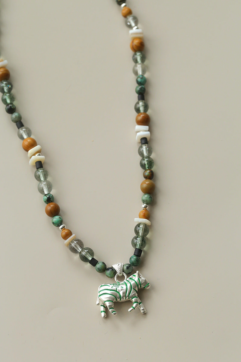Zebra Pattern Green Phantom Crystal & Wood Beaded Necklace – Lucky Year of the Horse Choker
