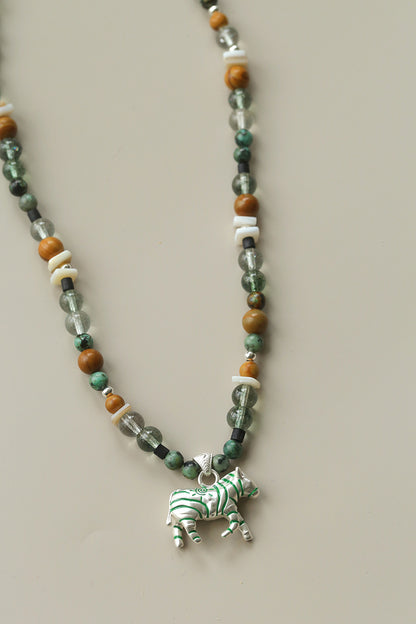 Zebra Pattern Green Phantom Crystal & Wood Beaded Necklace – Lucky Year of the Horse Choker
