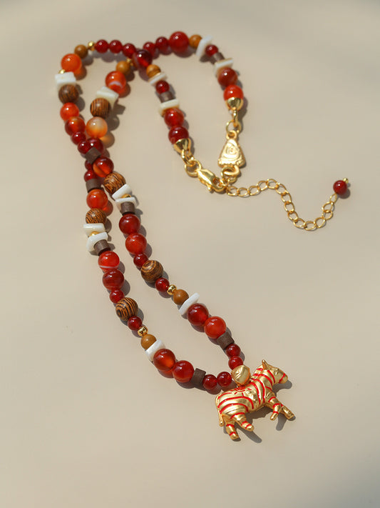 Zebra Pattern Red Agate & Wood Beaded Necklace – Lucky Year of the Horse Choker
