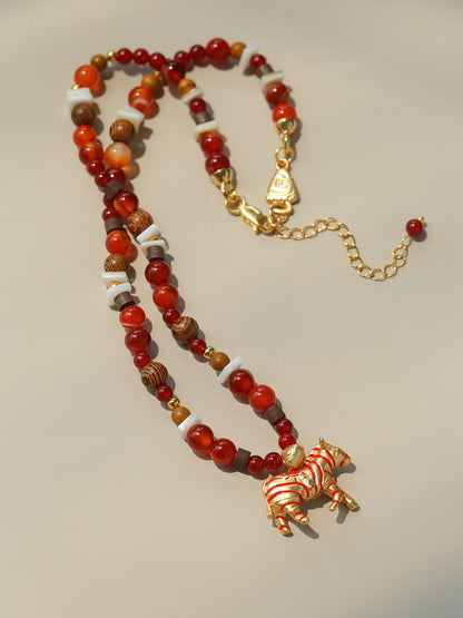 Zebra Pattern Red Agate & Wood Beaded Necklace – Lucky Year of the Horse Choker
