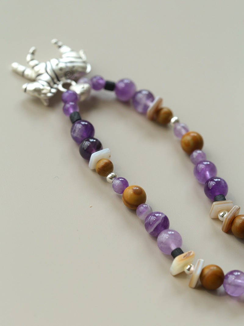 Zebra Pattern Amethyst & Wood Beaded Necklace – Lucky Year of the Horse Choker