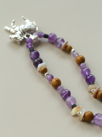 Zebra Pattern Amethyst & Wood Beaded Necklace – Lucky Year of the Horse Choker