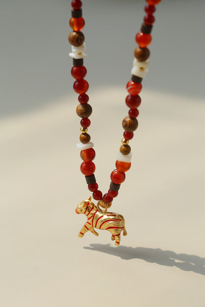 Zebra Pattern Red Agate & Wood Beaded Necklace – Lucky Year of the Horse Choker