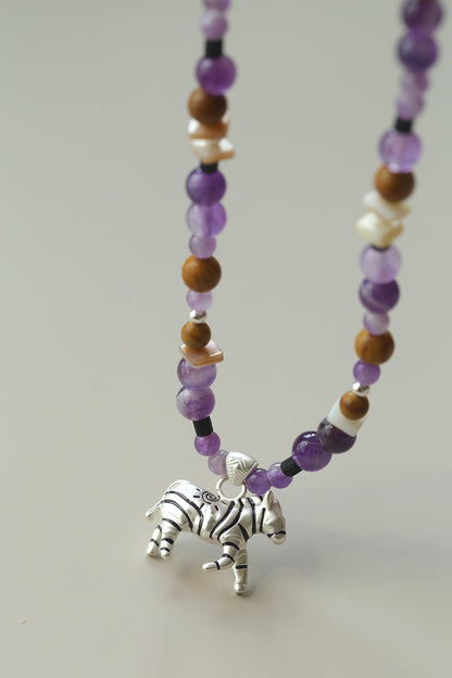 Zebra Pattern Amethyst & Wood Beaded Necklace – Lucky Year of the Horse Choker