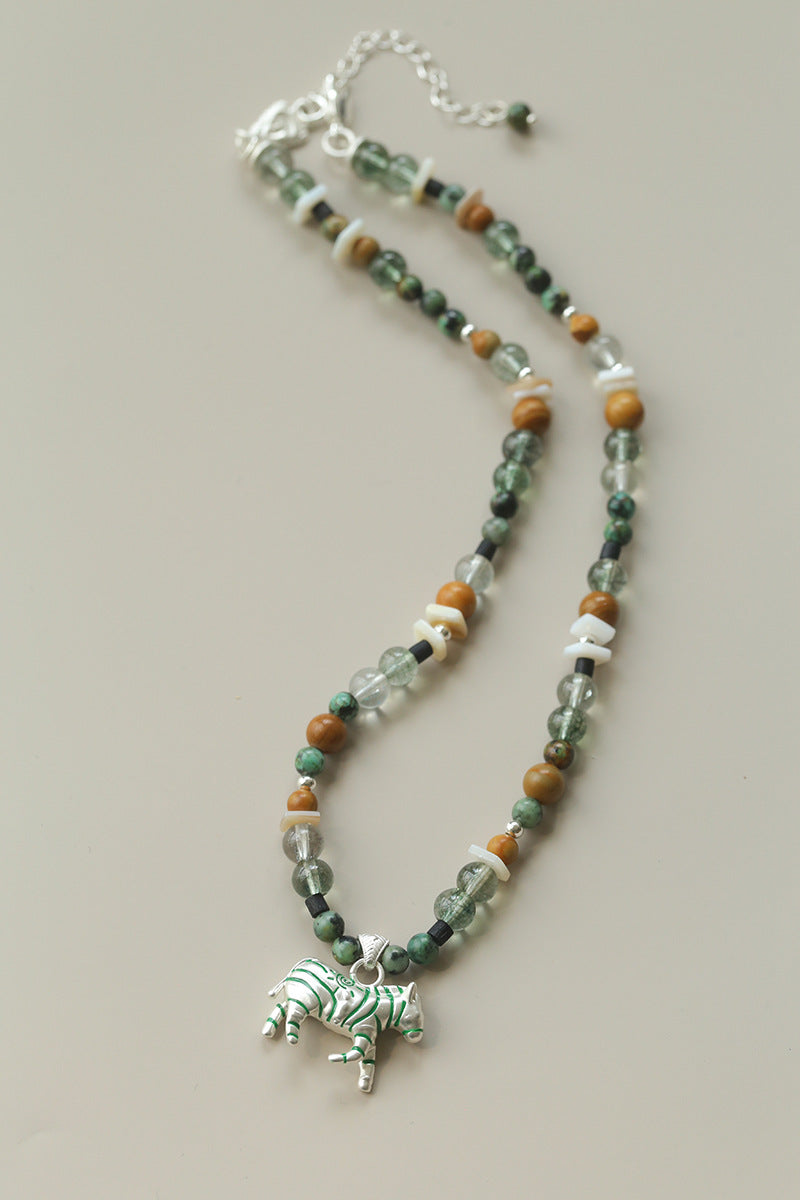 Zebra Pattern Green Phantom Crystal & Wood Beaded Necklace – Lucky Year of the Horse Choker