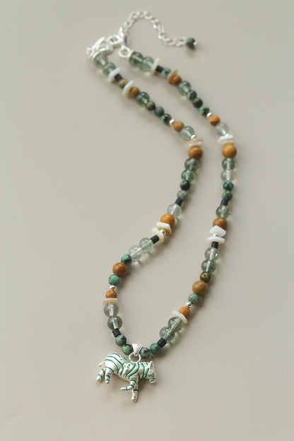 Zebra Pattern Green Phantom Crystal & Wood Beaded Necklace – Lucky Year of the Horse Choker