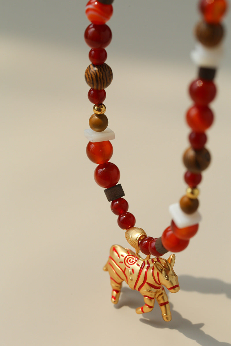 Zebra Pattern Red Agate & Wood Beaded Necklace – Lucky Year of the Horse Choker