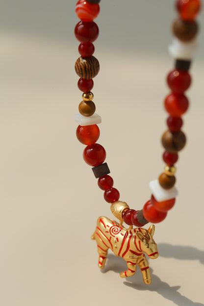 Zebra Pattern Red Agate & Wood Beaded Necklace – Lucky Year of the Horse Choker