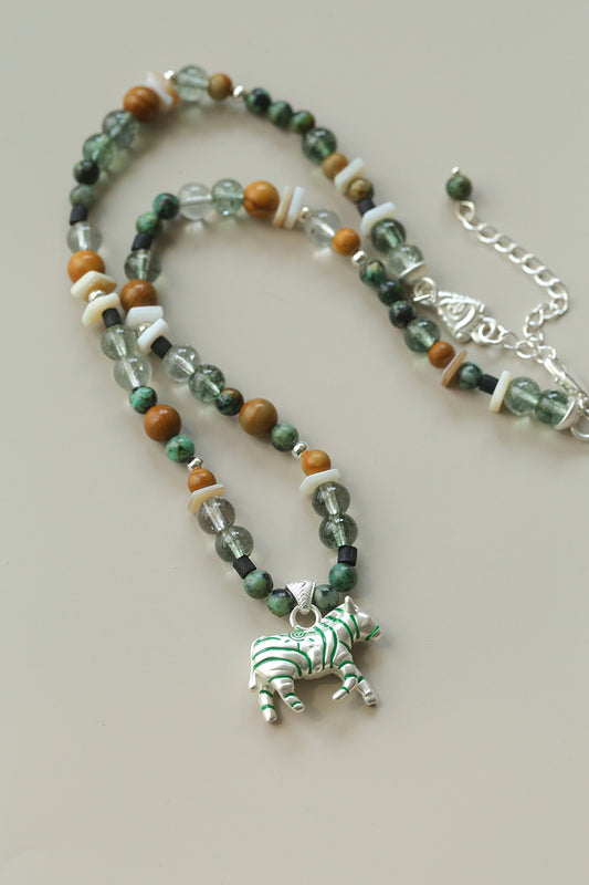 Zebra Pattern Green Phantom Crystal & Wood Beaded Necklace – Lucky Year of the Horse Choker