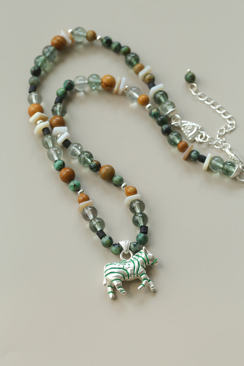 Zebra Pattern Green Phantom Crystal & Wood Beaded Necklace – Lucky Year of the Horse Choker