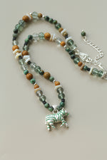 Zebra Pattern Green Phantom Crystal & Wood Beaded Necklace – Lucky Year of the Horse Choker