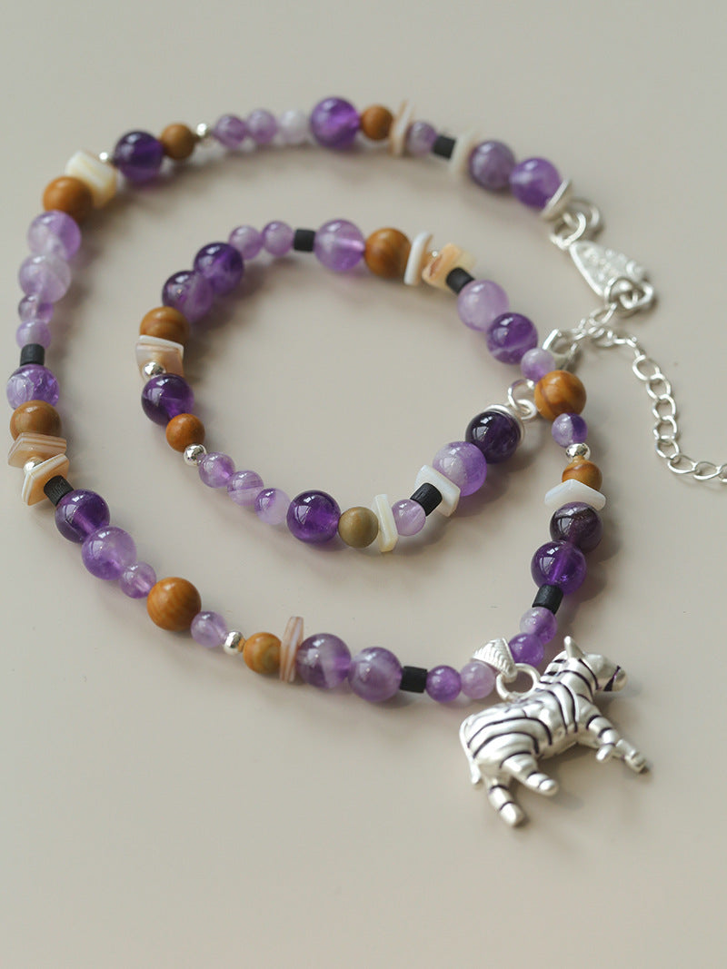 Zebra Pattern Amethyst & Wood Beaded Necklace – Lucky Year of the Horse Choker