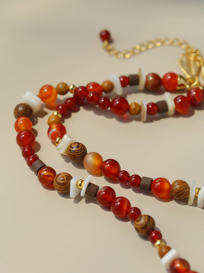 Zebra Pattern Red Agate & Wood Beaded Necklace – Lucky Year of the Horse Choker