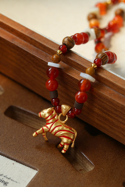 Zebra Pattern Red Agate & Wood Beaded Necklace – Lucky Year of the Horse Choker