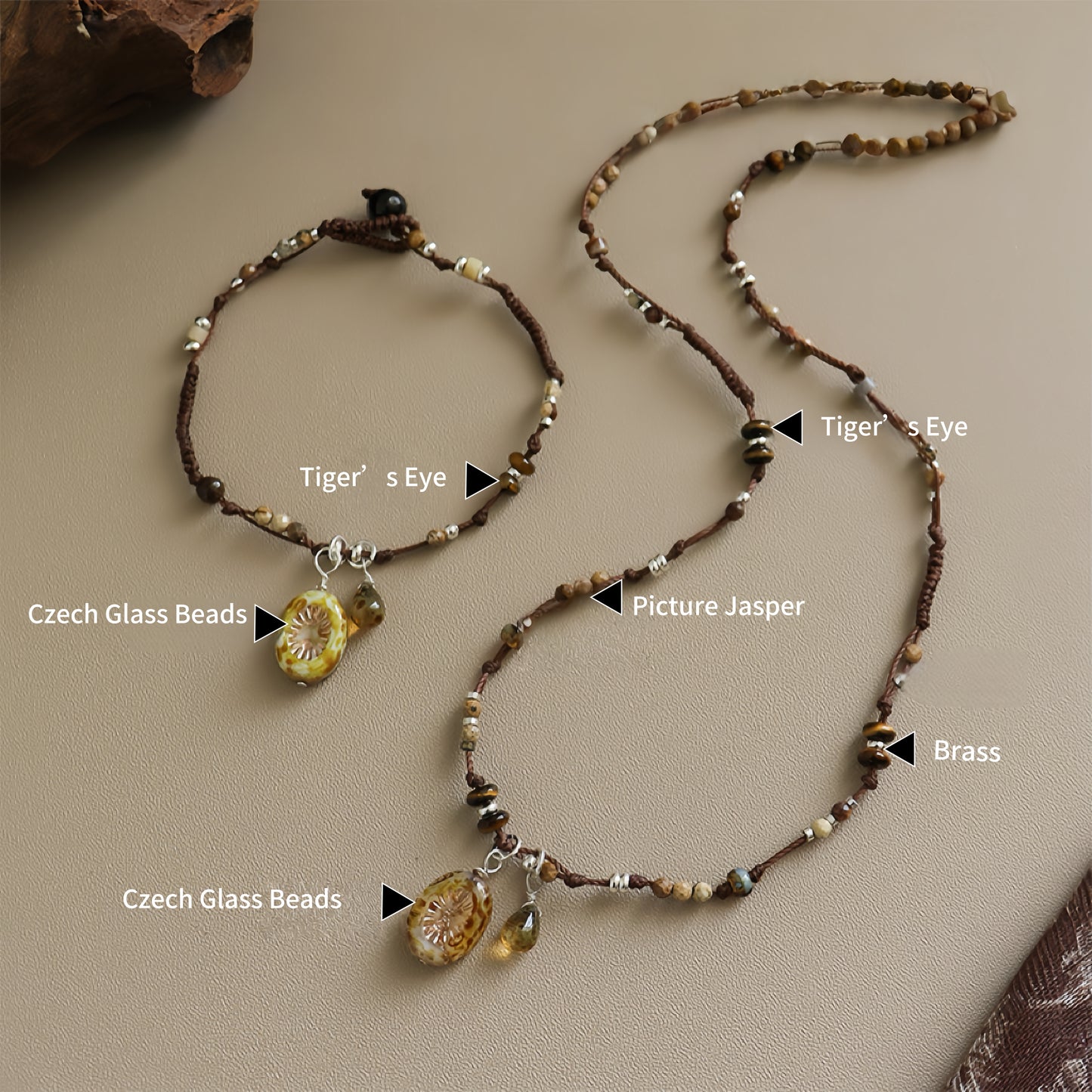 Czech Bead Agate Braided Necklace + Bracelet