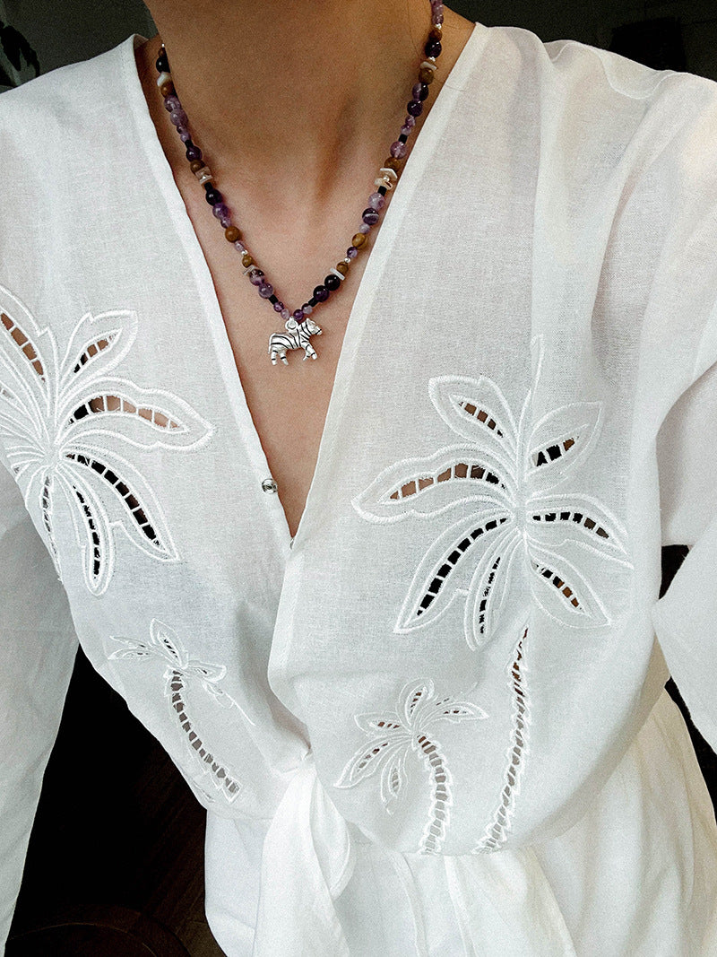 Zebra Pattern Amethyst & Wood Beaded Necklace – Lucky Year of the Horse Choker