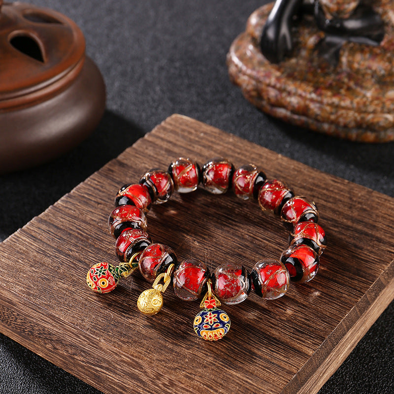 Ancient Incense Ash Glass Gold-Swallowing Beast Bracelet-Red