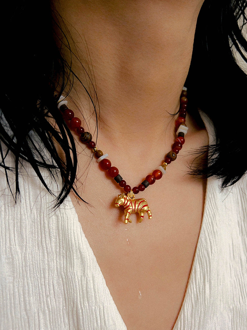 Zebra Pattern Red Agate & Wood Beaded Necklace – Lucky Year of the Horse Choker