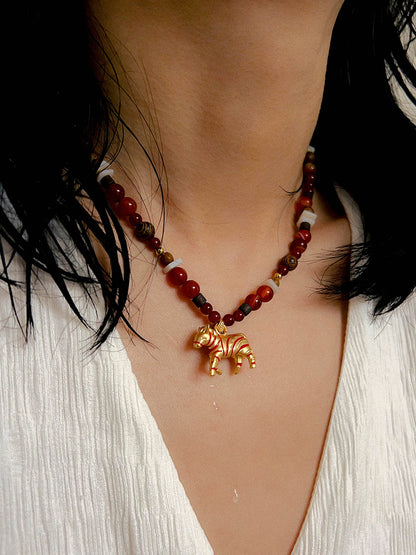 Zebra Pattern Red Agate & Wood Beaded Necklace – Lucky Year of the Horse Choker