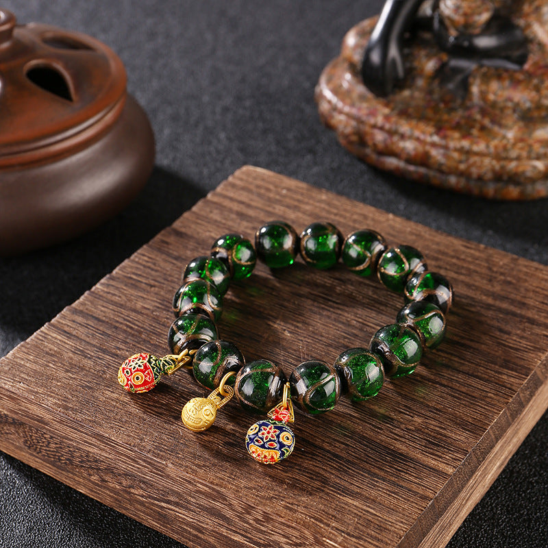 Ancient Incense Ash Glass Gold-Swallowing Beast Bracelet-Green