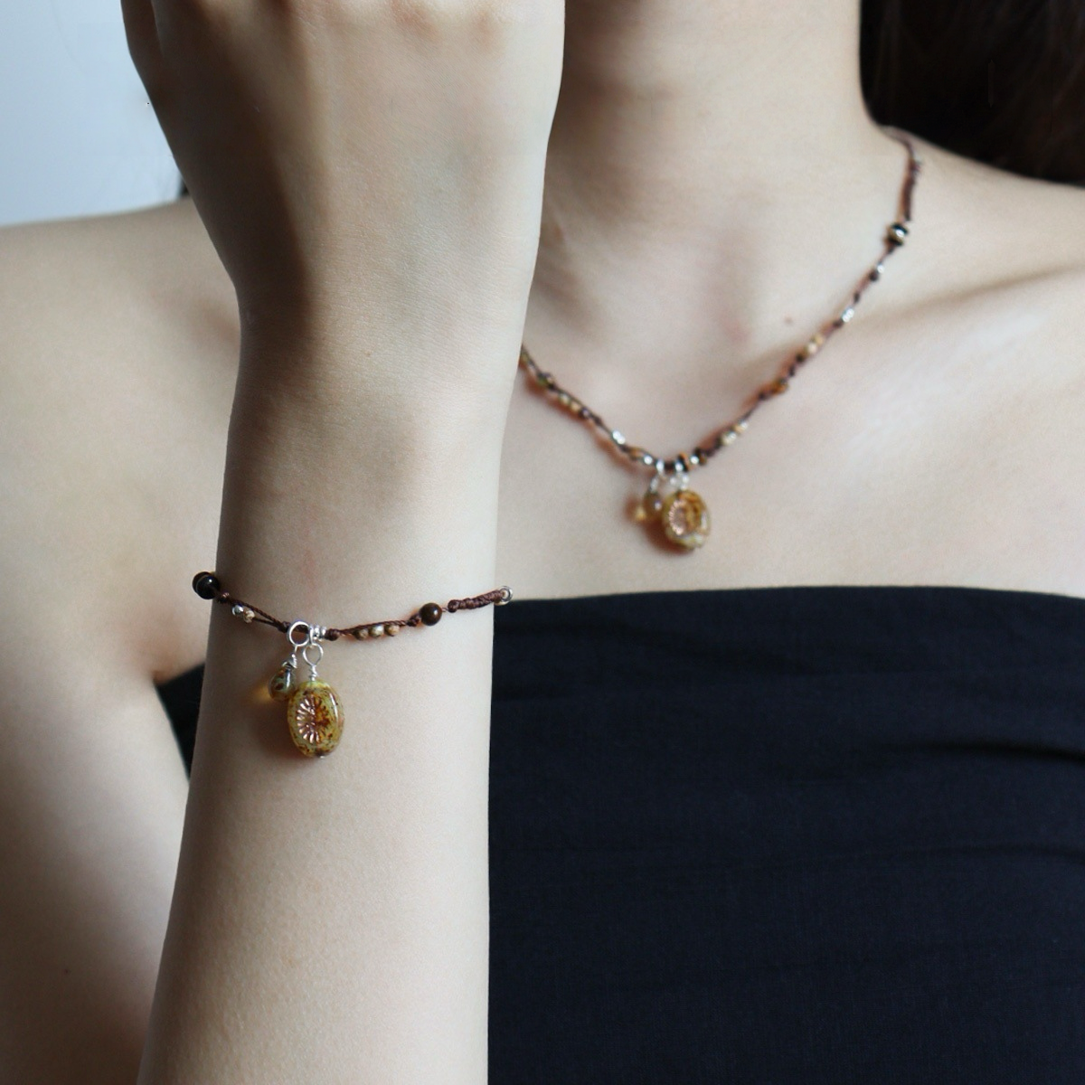Czech Bead Agate Braided Necklace + Bracelet