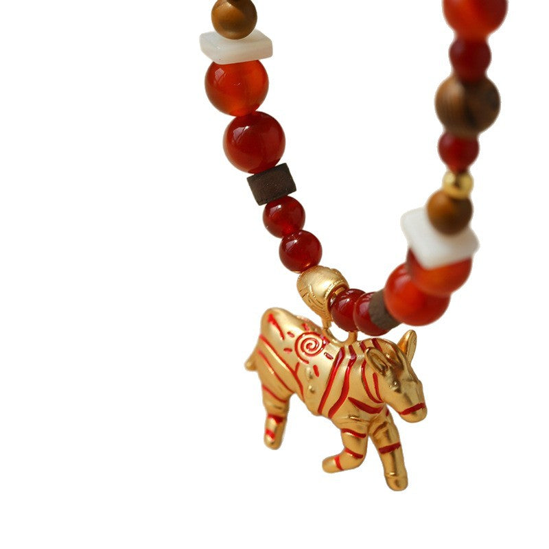 Zebra Pattern Red Agate & Wood Beaded Necklace – Lucky Year of the Horse Choker